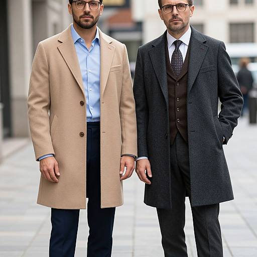 Photograph of two stylish men with beards, glasses, and suits; one in beige coat and blue shirt, the other in black overcoat and