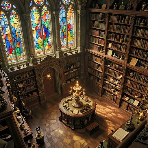 Photograph of a dimly lit, Gothic-style library with colorful stained glass windows, wooden bookshelves, a circular table with candles, and warm