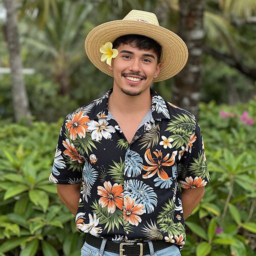 Photograph of a smiling young man with medium skin tone, dark hair, wearing a straw hat with a yellow plumeria, black floral shirt,