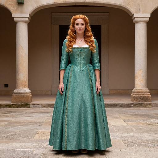 Photograph of a red-haired woman in a teal, medieval-style gown with intricate embroidery, standing in a stone courtyard with arches.