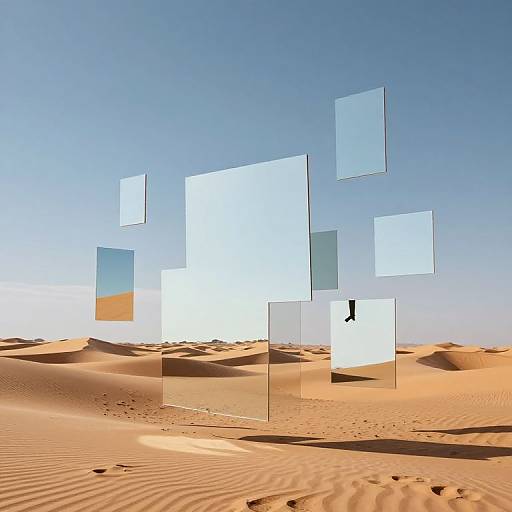 Digital artwork of transparent, white rectangles floating in a vivid blue sky above a sunlit, sandy desert with rippled dunes.