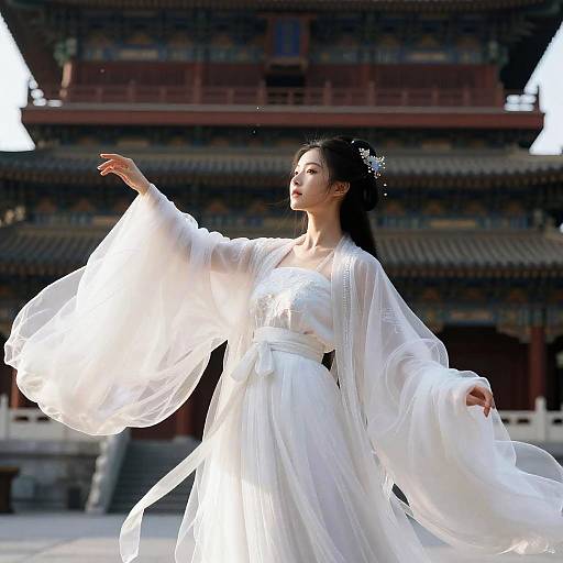 Woman in White Hanfu with Ancient Chinese Architecture
