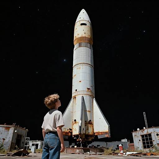 Young Boy Gazes at Rusty Rocket