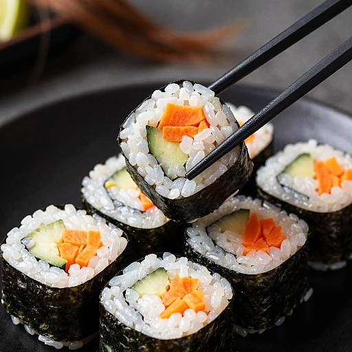 Close-up of vegetable sushi rolls with chopsticks