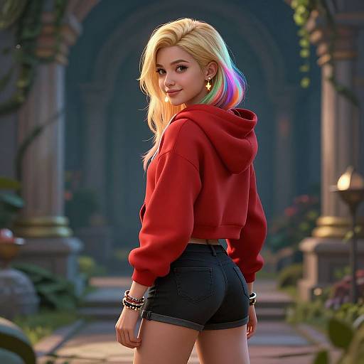Digital art of a blonde, rainbow-hued woman in a red hoodie and black shorts, looking back with a smile, standing in a lush, ancient