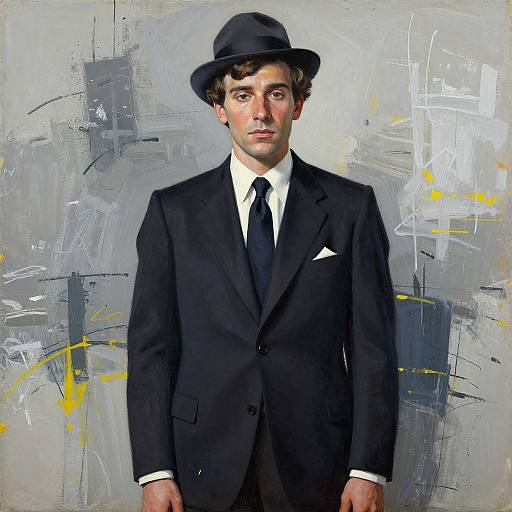 Digital painting of a young man with fair skin and dark hair, wearing a black suit, tie, and hat, against a textured gray and yellow abstract