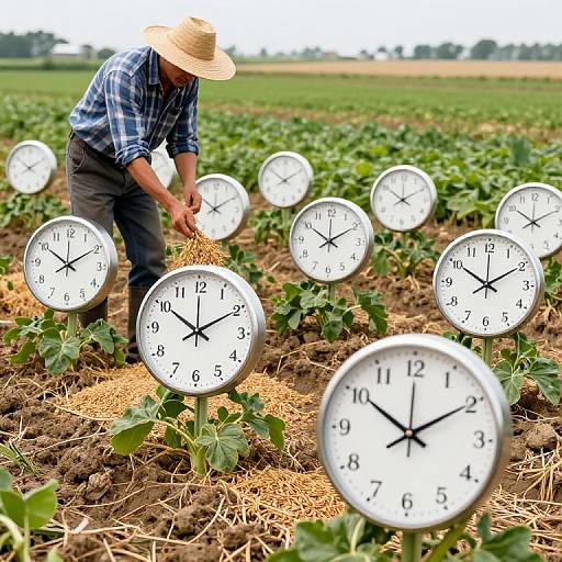 Farmer Harvesting Backward Ticking Clocks