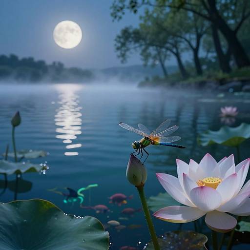 Serene Moonlit Lakeside from Dragonfly View