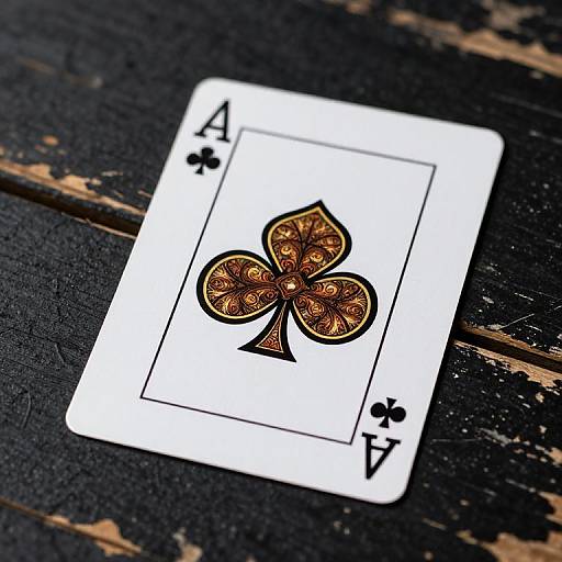Photograph of an Ace of Spades card with ornate, gold detailing on a worn, black, rustic wooden surface.