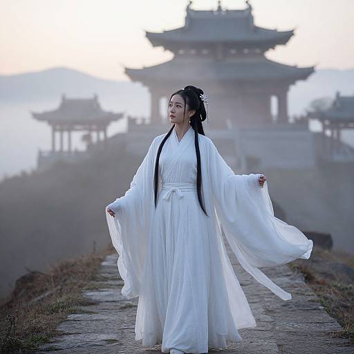Photograph of an East Asian woman in white traditional hanbok, standing on a misty path with traditional Chinese pavilions in the background.