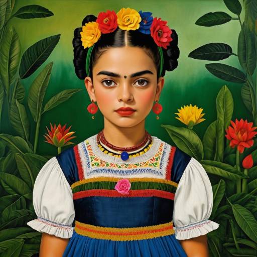 Realistic Portrait of Young Girl in Frida Kahlo Style