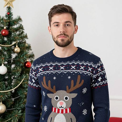 Photograph of a bearded man with short brown hair, wearing a navy reindeer sweater, standing in front of a decorated Christmas tree.
