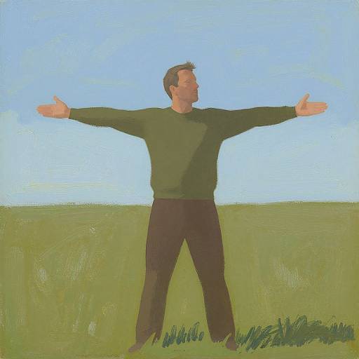 Digital painting of a man with short brown hair, green sweater, and black pants, standing with arms outstretched in a green field under a bright