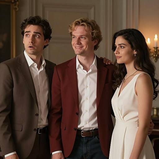 Three People in Elegant Outfits in Dimly Lit Room