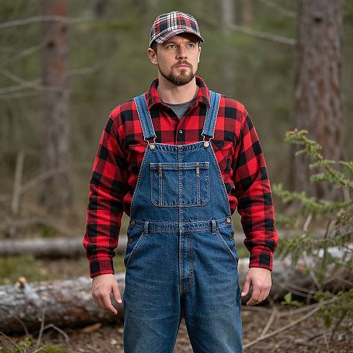 Photograph of a bearded man with light skin, wearing a red and black plaid shirt, blue denim overalls, and a checkered cap