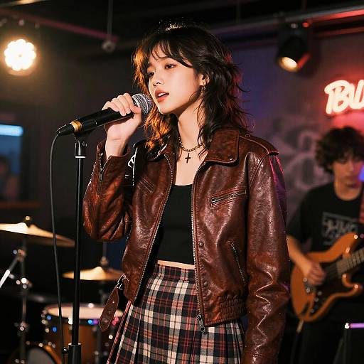 Photograph of a young woman with wavy black hair, wearing a brown leather jacket, black crop top, and plaid skirt, singing into a