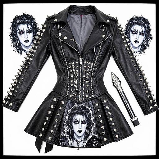 Digital drawing of a black, spiked leather jacket with buttons, featuring three monochrome portraits of punk-style women with dark makeup. A dagger is placed beside