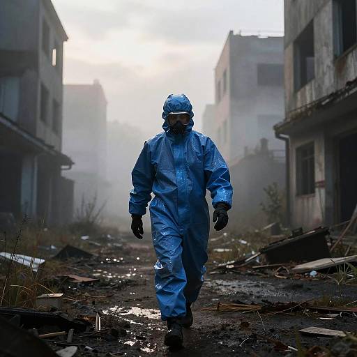 Photograph of a lone figure in blue hazmat suit walking through a foggy, abandoned, debris-filled urban street, with dilapidated buildings on