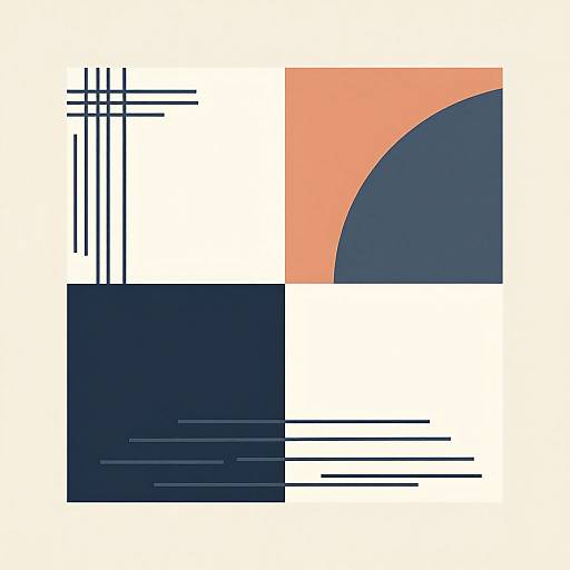 Abstract geometric design featuring a peach arc, navy blue rectangle, and black lines on a white background. Minimalist, modern style.
