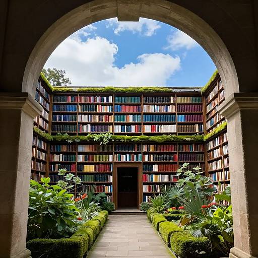 Photograph of a lush, sunlit courtyard framed by a stone arch, featuring a multi-story library with colorful bookshelves and vibrant green plants.