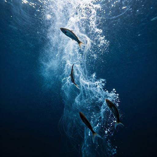 Photograph of five silhouetted fish swimming upwards through a bright, bubbling underwater burst against a deep blue ocean background.