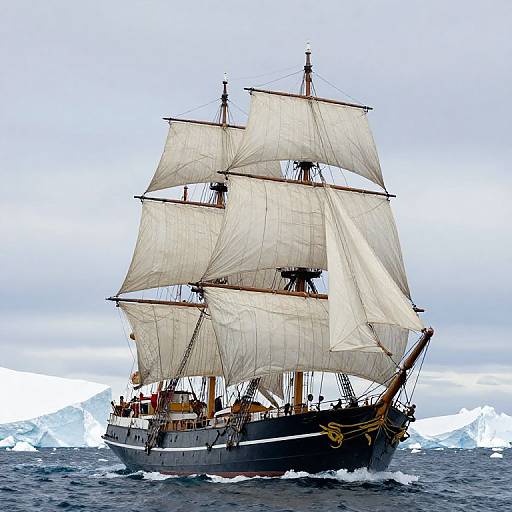 Photograph of a classic, black-and-white sailing ship with billowing white sails, navigating icy waters under a cloudy sky.