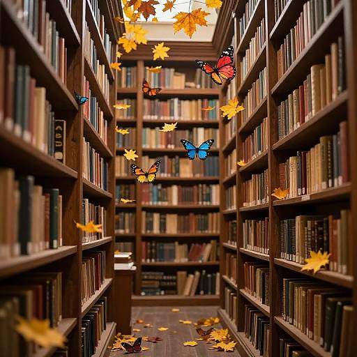 Photograph of a wooden bookshelf aisle with colorful butterflies and autumn leaves floating above, surrounded by neatly arranged books.