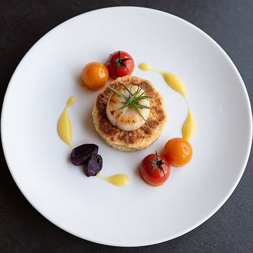 Photograph of gourmet dish: toasted round topped with shrimp, rosemary, surrounded by cherry tomatoes, black olives, yellow sauce on white plate.