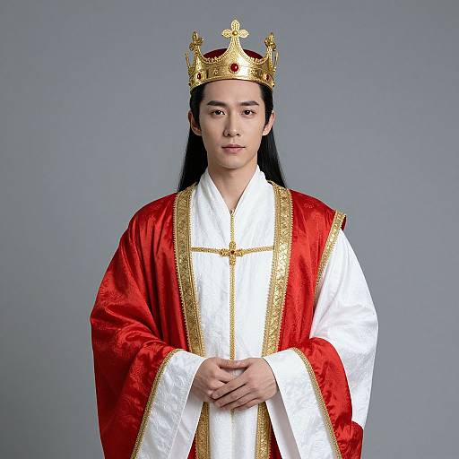 Photograph of an Asian woman with long black hair, wearing a gold crown, red and white regal robe, and gold-trimmed white shirt