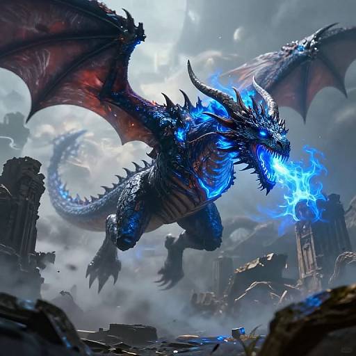 Digital artwork of a massive, dark blue dragon with glowing blue flames in its mouth, soaring over a ruined, cloudy sky city.
