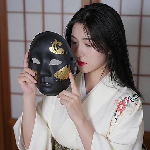 Elegant Asian Woman in Kimono with Mask