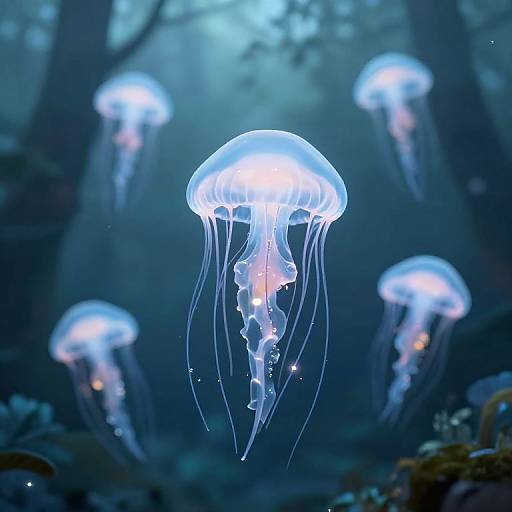 Ethereal Glowing Jellyfish in Misty Forest