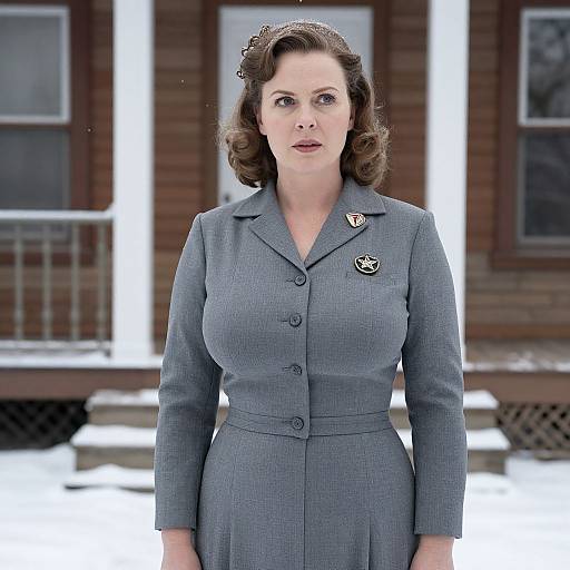Photograph of a fair-skinned woman with vintage-style brown curly hair, wearing a gray 1950s-style jacket with a brooch, standing