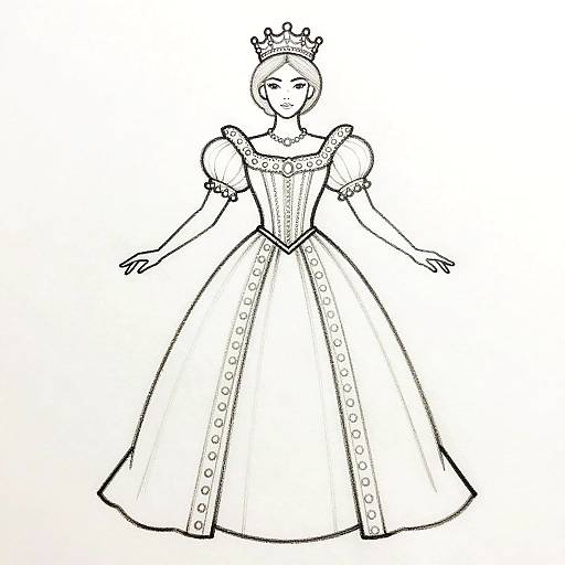 Black-and-white line drawing of a regal woman wearing a crown, puffed-sleeve gown with buttons, and long, flowing skirt. Hands