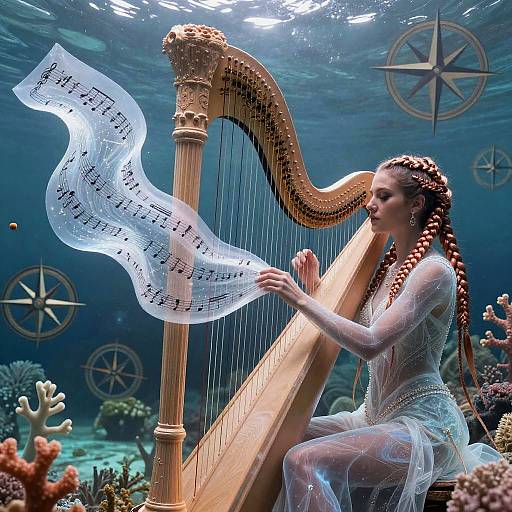 Ethereal Harpist in Kaleidoscopic Sea
