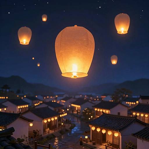 Dreamy Floating Lanterns Over Village