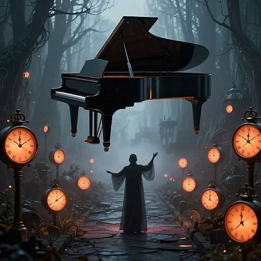 Silhouetted pianist with outstretched arms stands under floating grand piano in misty, illuminated forest path surrounded by glowing clocks.