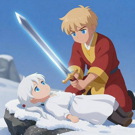 Heroic Scene in Snowy Fantasy Landscape