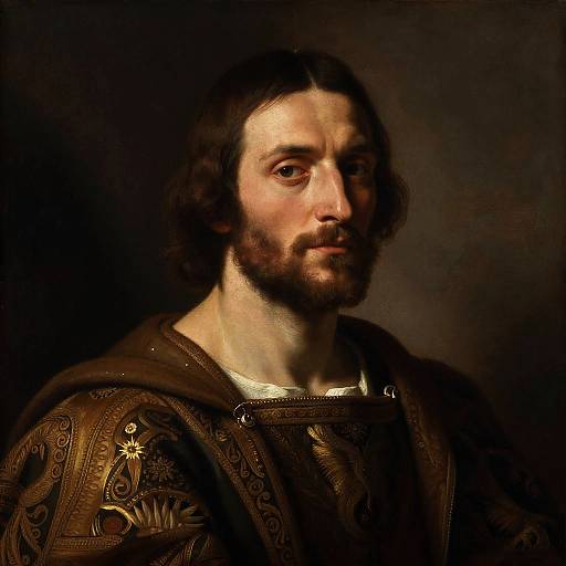 Photographic-style oil painting of a solemn, dark-haired, bearded man with a gentle expression, wearing ornate, dark brown medieval garment, set