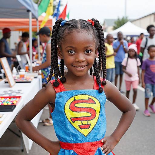 Photograph of a young African girl with braided hair, wearing a colorful Superman dress, smiling at a bustling outdoor market.