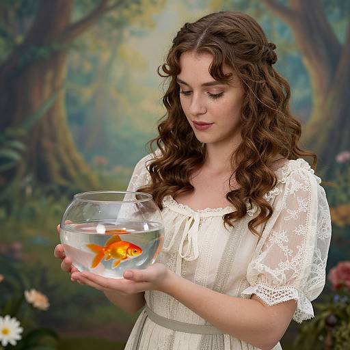 Young woman with wavy brown hair, wearing white lace dress, gently holds glass bowl with orange goldfish, set against enchanted forest backdrop. Photoreal