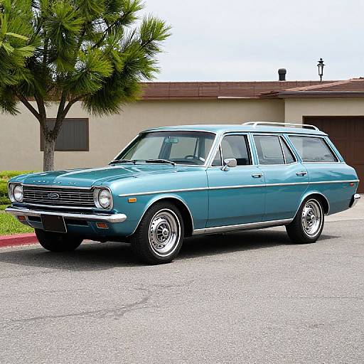 Photograph of a classic blue 1970s station wagon with chrome wheels and grille, parked in a suburban driveway with a tree and beige house in