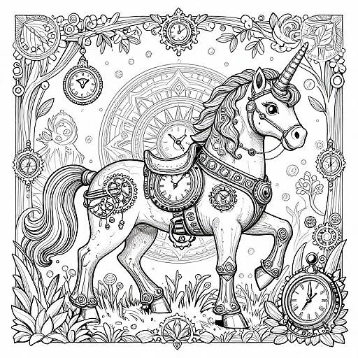 Detailed black-and-white line drawing of a unicorn adorned with elaborate patterns, standing in a whimsical, ornate forest with flowers and vines.