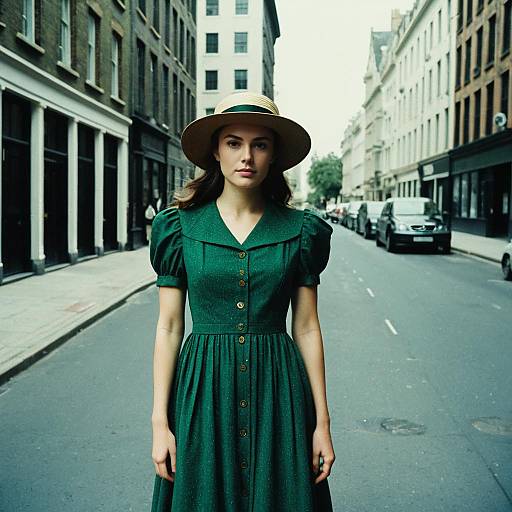 Photograph of a young woman in a green, buttoned dress and wide-brimmed hat standing on a quiet, urban street.