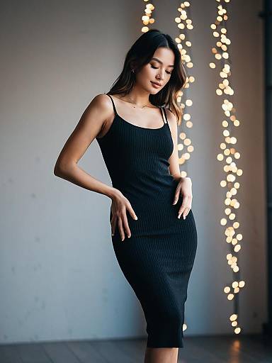 Woman in Fitted Black Tank Dress with String Lights