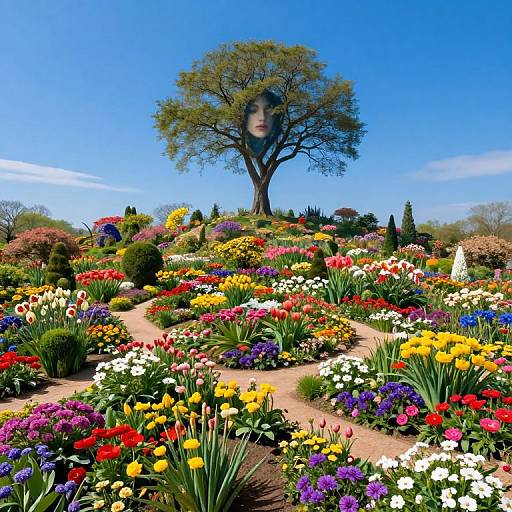 Vibrant photograph of a lush, colorful garden with a tall tree in the background, surrounded by blooming tulips, daffodils,