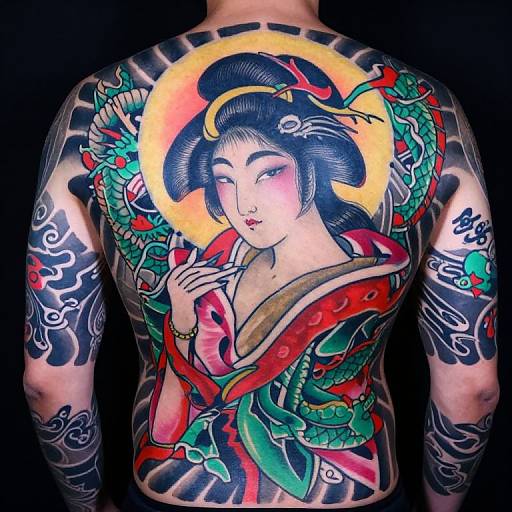 Vibrant back tattoo of traditional Japanese geisha with dragon, halo, and flowers, featuring bold colors and intricate details. Photographic image.
