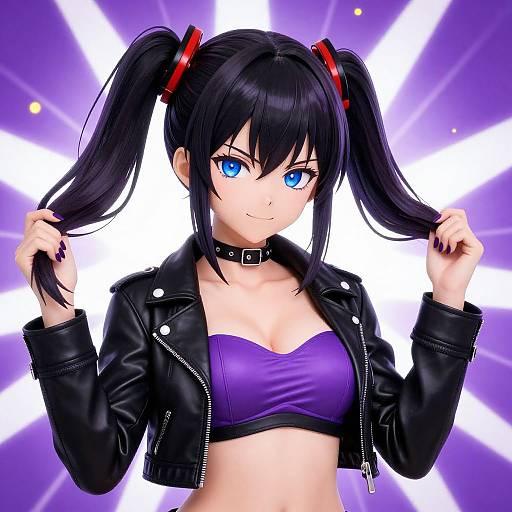 Anime-style digital illustration of a black-haired girl with blue eyes, wearing a purple bra, black leather jacket, and choker, holding her pigt