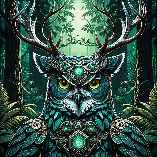 Cybernetic Quad-Eyed Owl Stag in Emerald Rainforest