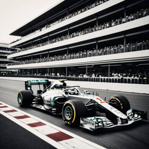 Formula One Car Racing on Track with Grandstand Crowd